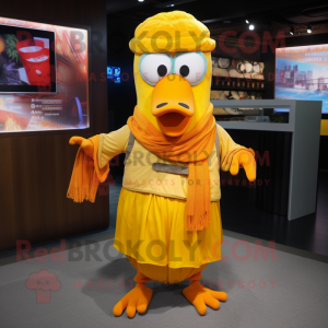 Yellow Mandarin mascot costume character dressed with a Cargo Shorts and Scarf clips