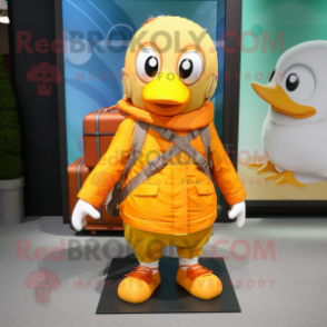 Yellow Mandarin mascot costume character dressed with a Cargo Shorts and Scarf clips