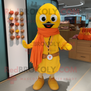 Yellow Mandarin mascot costume character dressed with a Cargo Shorts and Scarf clips