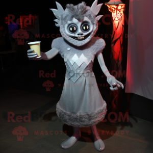 Silver Demon mascot costume character dressed with a Cocktail Dress and Hair clips