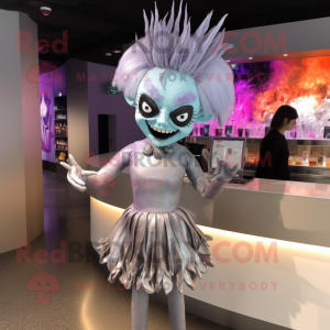 Silver Demon mascot costume character dressed with a Cocktail Dress and Hair clips