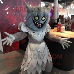 Silver Demon mascot costume character dressed with a Cocktail Dress and Hair clips