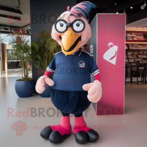 Navy Flamingo mascot costume character dressed with a Rugby Shirt and Eyeglasses