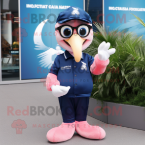 Navy Flamingo mascot costume character dressed with a Rugby Shirt and Eyeglasses
