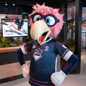 Navy Flamingo mascot costume character dressed with a Rugby Shirt and Eyeglasses