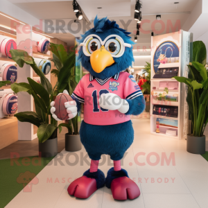 Navy Flamingo mascot costume character dressed with a Rugby Shirt and Eyeglasses