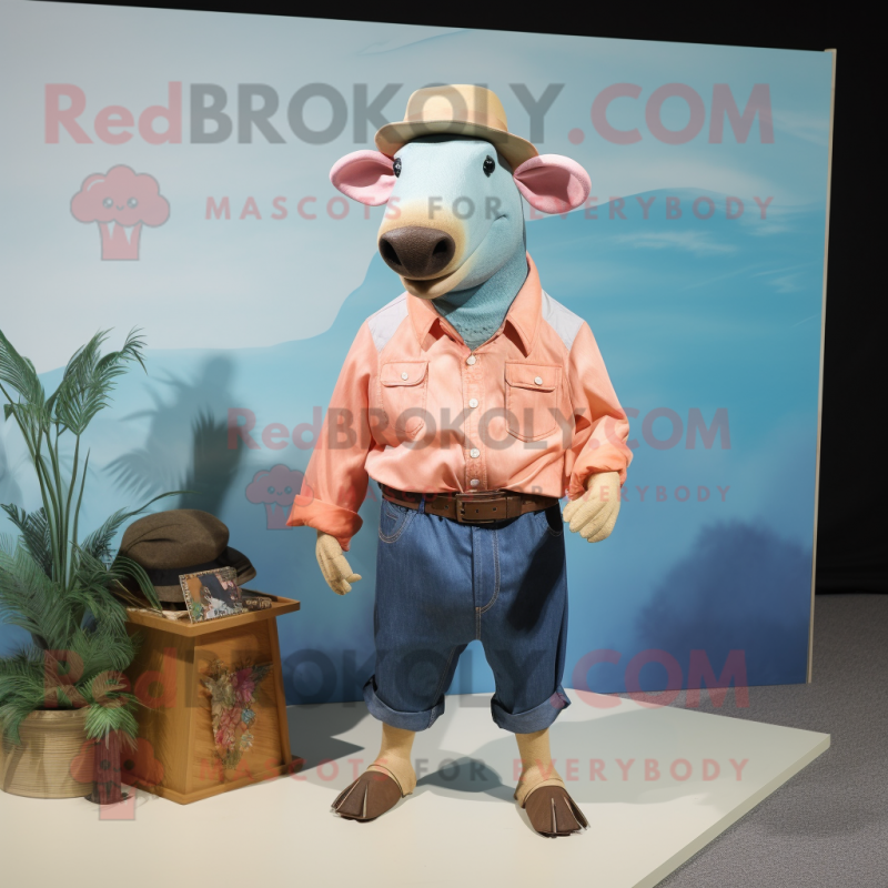 Peach Tapir mascot costume character dressed with a Chambray Shirt and Cummerbunds Peach Tapir mascot costume character dressed with a Chambray Shirt and Cummerbunds