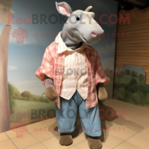 Peach Tapir mascot costume character dressed with a Chambray Shirt and Cummerbunds