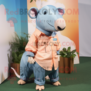Peach Tapir mascot costume character dressed with a Chambray Shirt and Cummerbunds