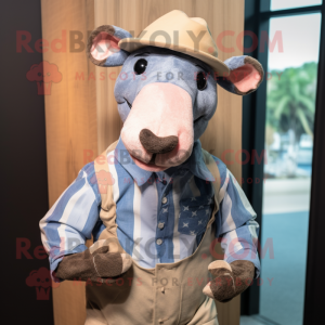 Peach Tapir mascot costume character dressed with a Chambray Shirt and Cummerbunds