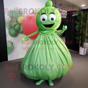 Green Pho mascot costume character dressed with a Ball Gown and Clutch bags