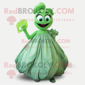 Green Pho mascot costume character dressed with a Ball Gown and Clutch bags