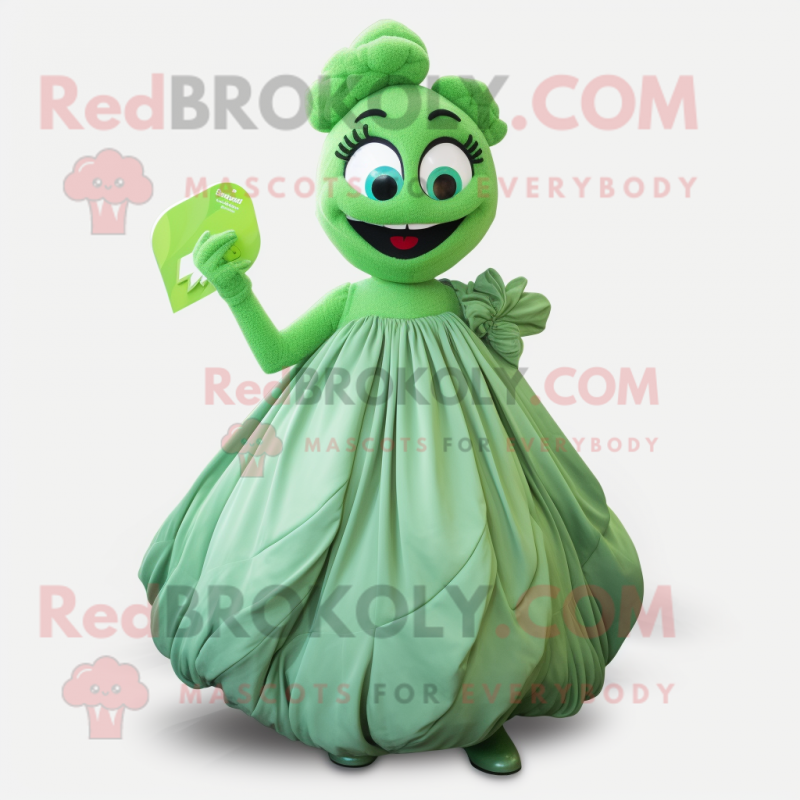 Green Pho mascot costume character dressed with a Ball Gown and Clutch bags Green Pho mascot costume character dressed with a Ball Gown and Clutch bags