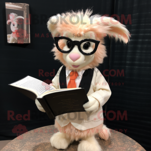 Peach Angora Goat mascot costume character dressed with a Blazer and Reading glasses
