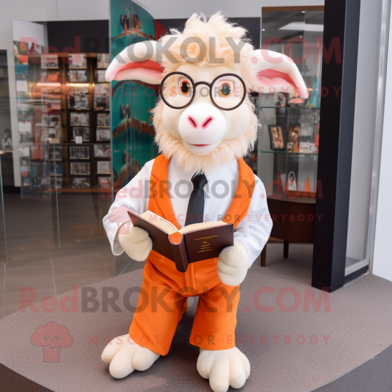 Peach Angora Goat mascot costume character dressed with a Blazer and Reading glasses Peach Angora Goat mascot costume character dressed with a Blazer and Reading glasses