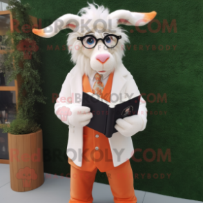 Peach Angora Goat mascot costume character dressed with a Blazer and Reading glasses