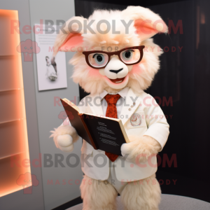 Peach Angora Goat mascot costume character dressed with a Blazer and Reading glasses