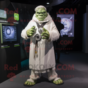 White Frankenstein mascot costume character dressed with a Parka and Smartwatches