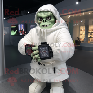 White Frankenstein mascot costume character dressed with a Parka and Smartwatches