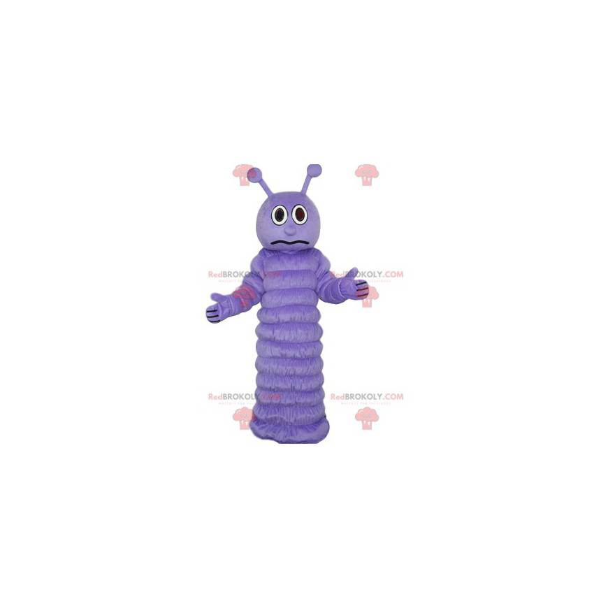 Mascotte de chenille mauve avec un regard étonné - Mascotte de chenille mauve avec un regard étonné -