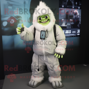 White Frankenstein mascot costume character dressed with a Parka and Smartwatches