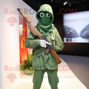 Forest Green Sniper mascot costume character dressed with a Flare Jeans and Scarf clips