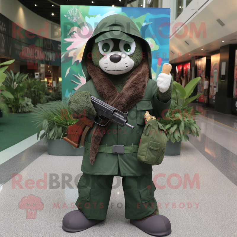Forest Green Sniper mascot costume character dressed with a Flare Jeans and Scarf clips