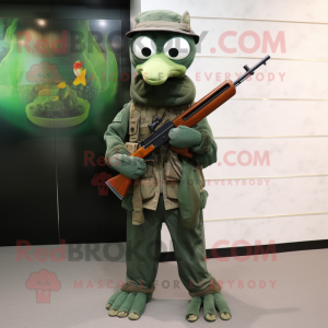 Forest Green Sniper mascot costume character dressed with a Flare Jeans and Scarf clips