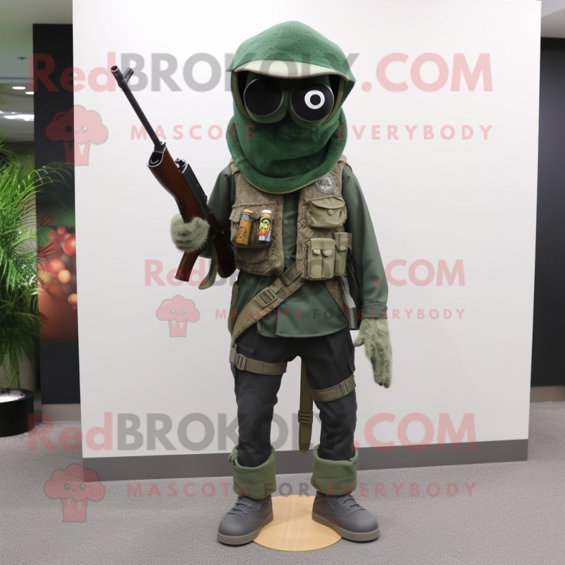 Forest Green Sniper mascot costume character dressed with a Flare Jeans and Scarf clips