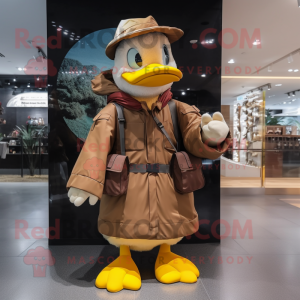Brown Duck mascot costume character dressed with a Raincoat and Backpacks