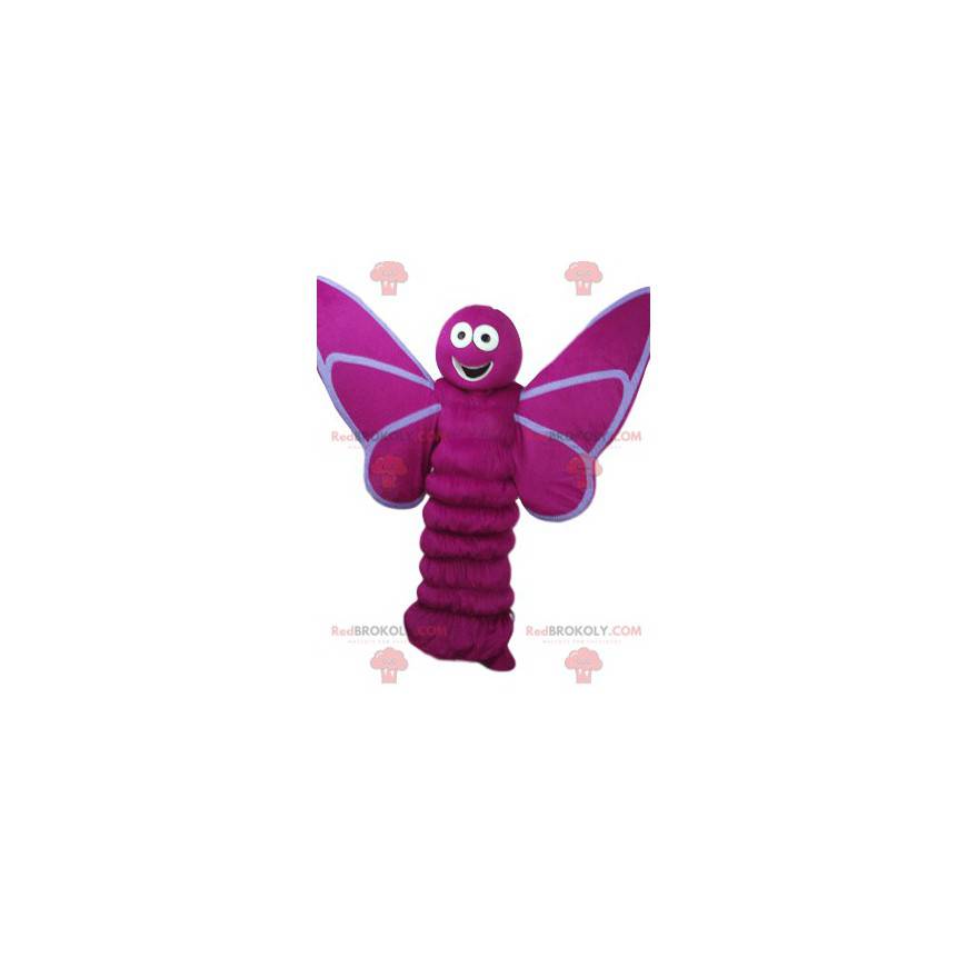 Mascotte de papillon fushia avec un grand sourire -