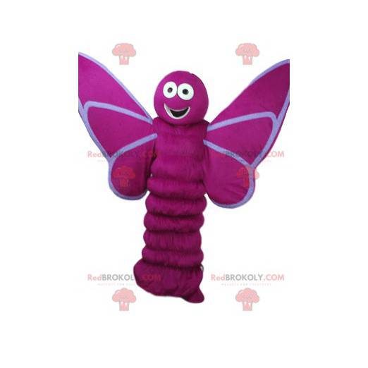 Mascotte de papillon fushia avec un grand sourire -