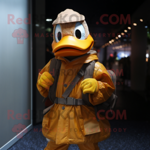 Brown Duck mascot costume character dressed with a Raincoat and Backpacks