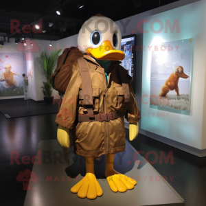 Brown Duck mascot costume character dressed with a Raincoat and Backpacks