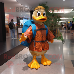 Brown Duck mascot costume character dressed with a Raincoat and Backpacks