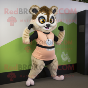Tan Lemur mascot costume character dressed with a Yoga Pants and Bracelet watches