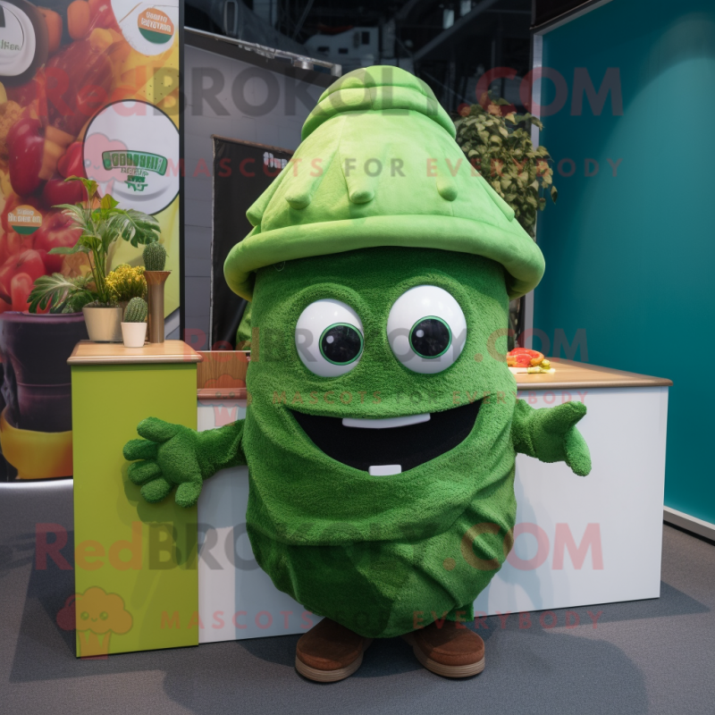 Green Tacos mascot costume character dressed with a Playsuit and Beanies Green Tacos mascot costume character dressed with a Playsuit and Beanies