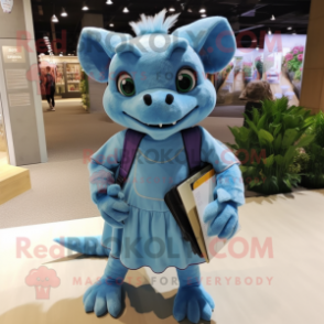 Sky Blue Chupacabra mascot costume character dressed with a Pleated Skirt and Messenger bags