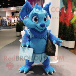 Sky Blue Chupacabra mascot costume character dressed with a Pleated Skirt and Messenger bags