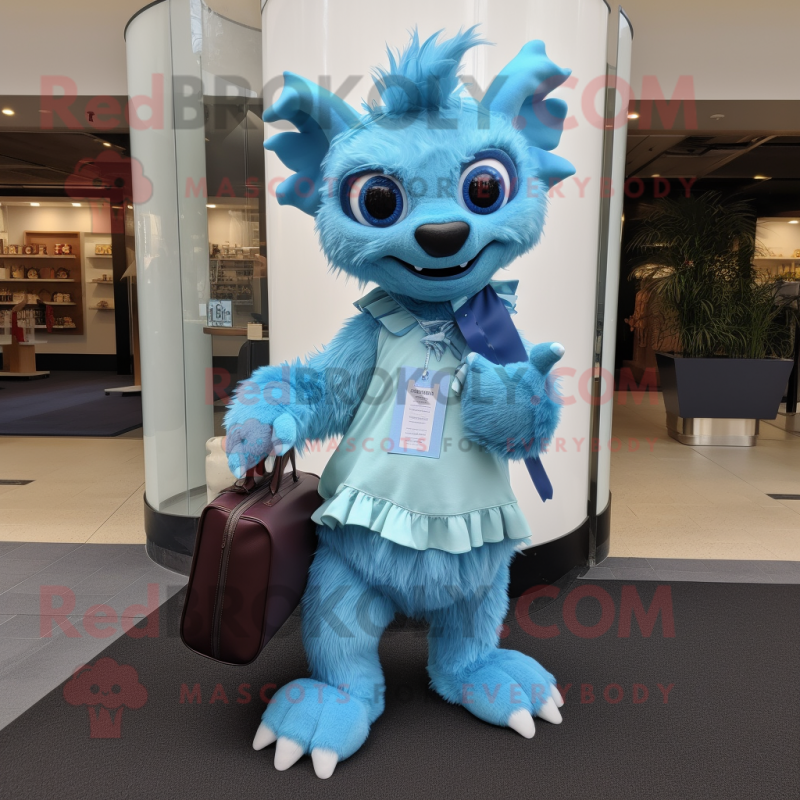 Sky Blue Chupacabra mascot costume character dressed with a Pleated Skirt and Messenger bags