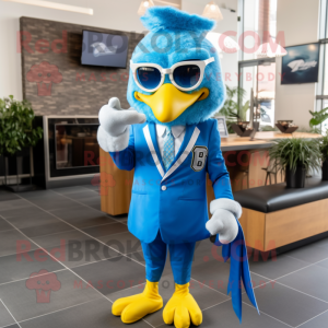 Sky Blue Hens mascot costume character dressed with a Suit and Rings