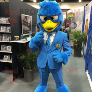 Sky Blue Hens mascot costume character dressed with a Suit and Rings