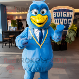 Sky Blue Hens mascot costume character dressed with a Suit and Rings