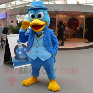 Sky Blue Hens mascot costume character dressed with a Suit and Rings