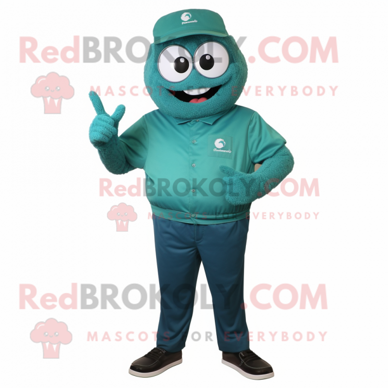 Teal Spinach mascot costume character dressed with a Henley Shirt and Digital watches