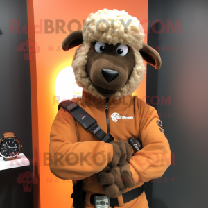 Rust Sheep mascot costume character dressed with a Moto Jacket and Digital watches