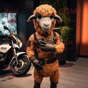 Rust Sheep mascot costume character dressed with a Moto Jacket and Digital watches