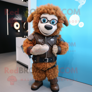 Rust Sheep mascot costume character dressed with a Moto Jacket and Digital watches