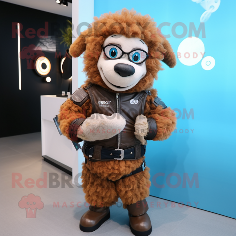 Rust Sheep mascot costume character dressed with a Moto Jacket and Digital watches