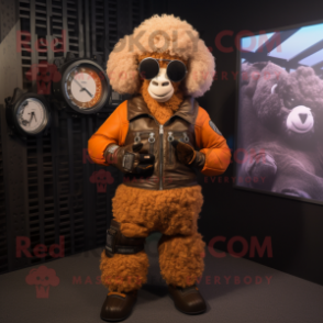 Rust Sheep mascot costume character dressed with a Moto Jacket and Digital watches